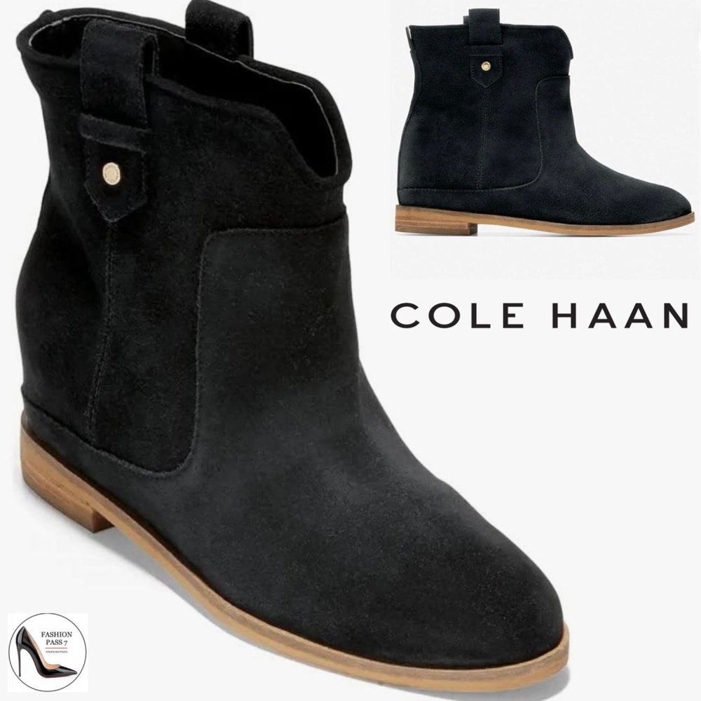 Cole Haan Rayna Wedge Bootie Black Almond Toe Suede Leather Ankle Boots 7.5